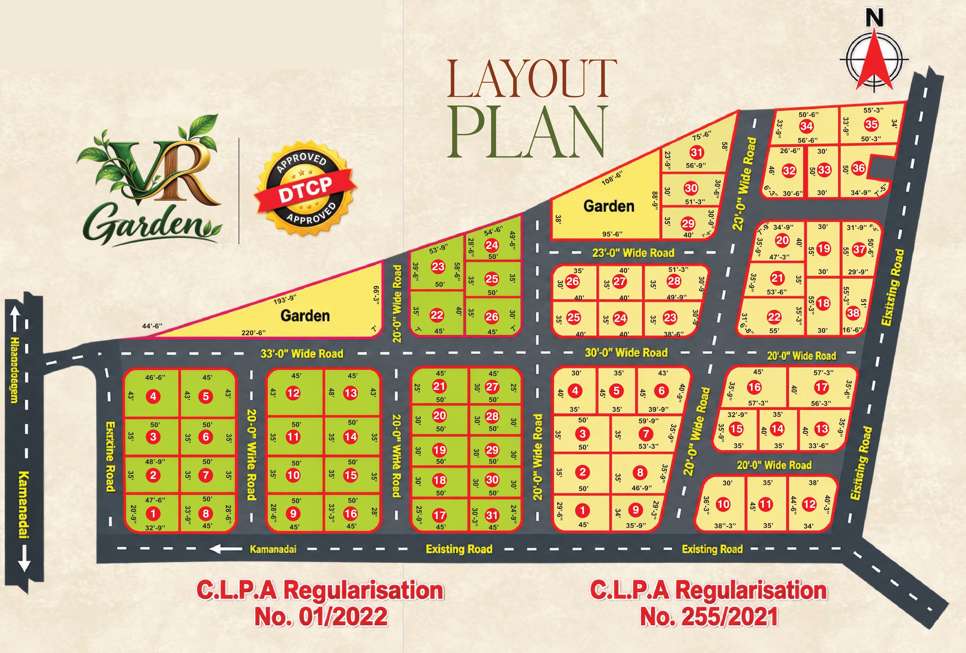 VR Garden layout plan — full site map with numbered villa plots, road widths, and garden zones